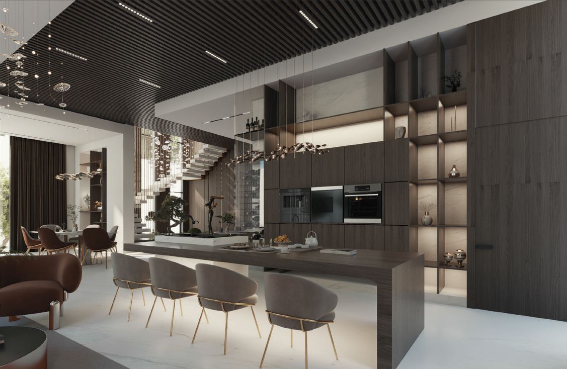 Villa 39 open kitchen with a dark timber island, slatted ceiling and floating stair