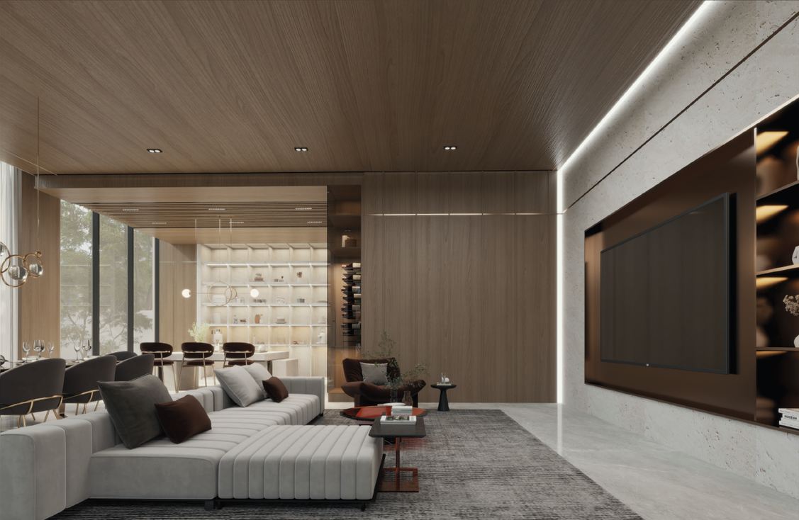 Villa 40 living room with a walnut ceiling, travertine media wall and low sofa