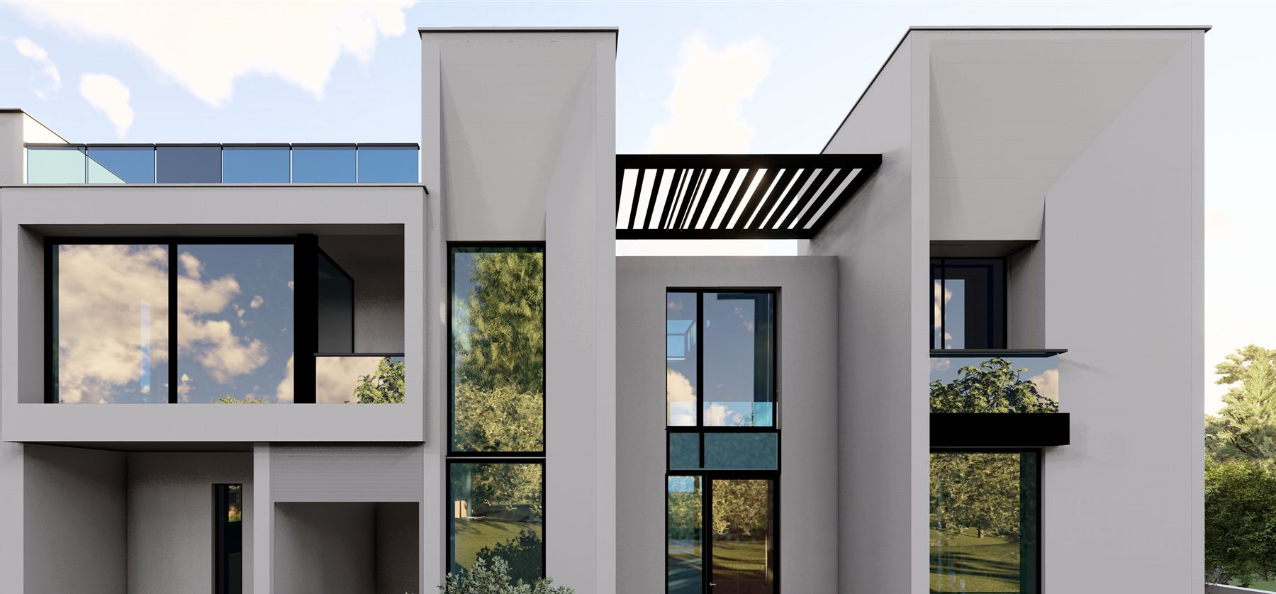 Villa 3: stone volumes, tall glazing and a black louvred bridge between the two wings